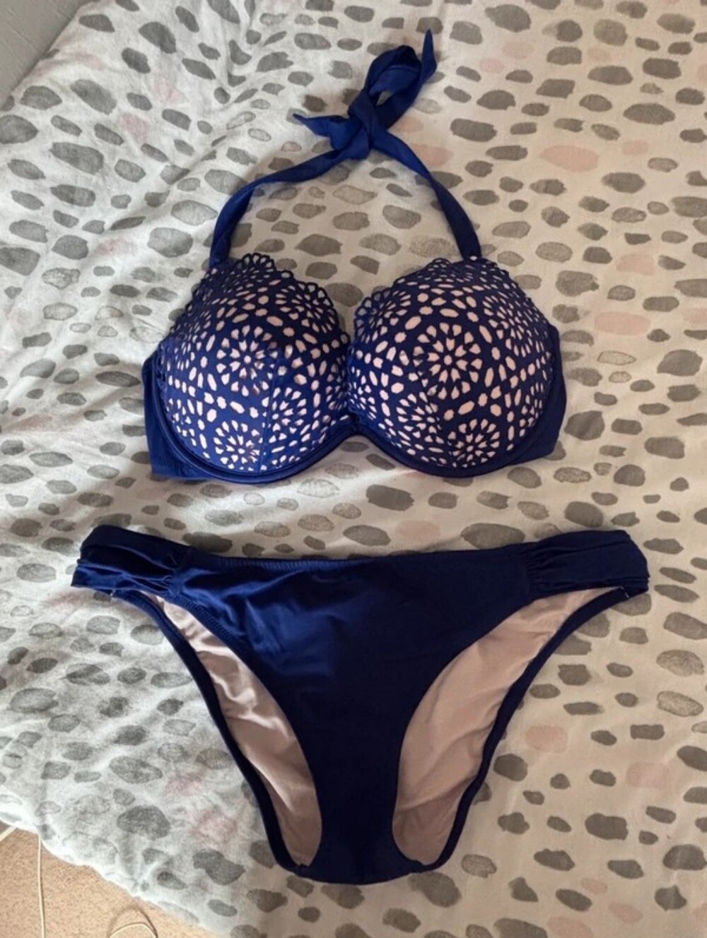 Shade & Shore Navy Blue Bikini with Light Pink Cutout Print